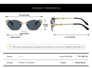 Detailed size specifications for rimless cat-eye sunglasses with gradient PC lenses