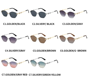 Detail view of rimless cat-eye sunglasses collection with metal chain temples and various tints