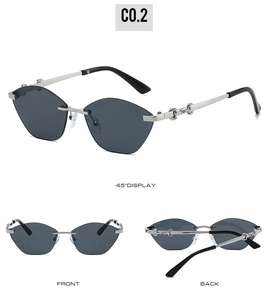 Multi-angle view of rimless cat-eye sunglasses with grey pentagon lenses and chain temples