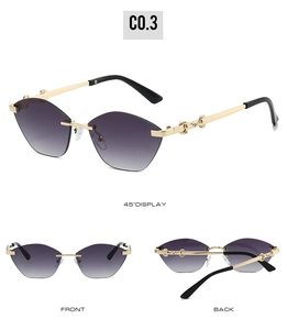 Frameless cat-eye sunglasses with gold chain temples and grey gradient lenses multi-angle view