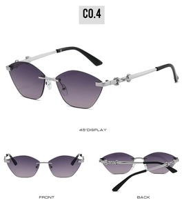 Detail view of purple gradient cat-eye rimless sunglasses with silver chain link temples