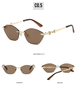 Detailed multi-angle views of rimless cat-eye sunglasses with gold metal chain temples