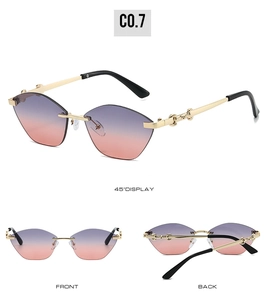 Three-angle view of rimless cat-eye sunglasses with purple-pink gradient lenses and gold metal arms