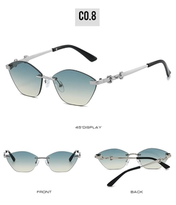 Three-way view of cat eye rimless sunglasses with blue-yellow gradient lenses and chain detail