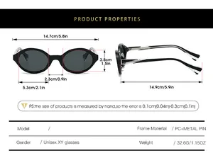 Detailed size chart for vintage oval sunglasses showing frame width and temple length