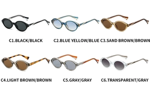 Six assorted colors of vintage oval sunglasses with metal decorative temple stripes