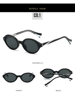 Three-view display of retro oval black sunglasses with striped temples and gray lenses