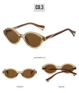 Three-way view of amber oval sunglasses showing front, back, and 45-degree angle detail