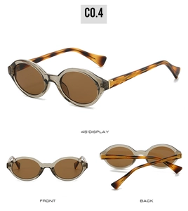 Multi-angle views showing retro oval sunglasses with translucent grey frame and tortoiseshell arms