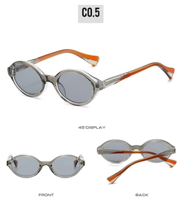 Detailed multi-angle views of retro oval sunglasses with grey frames and orange temples