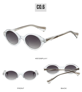 Detailed views of vintage oval sunglasses with transparent grey frames from three angles
