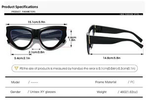 Size chart showing precise dimensions and specifications for cat-eye blue light glasses
