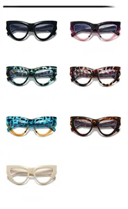 Collection of seven stylish cat-eye glasses frames in diverse colors and leopard patterns