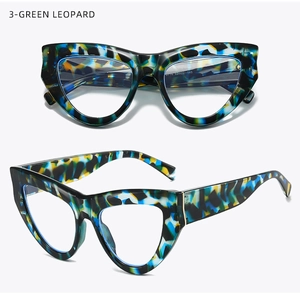 Detailed macro view of cat eye frame in green leopard pattern with metal hinges