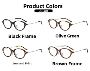 Dettaglio di montature per occhiali ovali vintage nei colori nero, verde, tartaruga e marrone