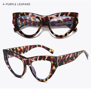 Detail of purple leopard cat-eye frame showing the metal hinge and dimensions