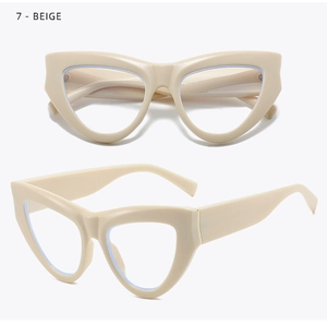 Close-up of beige cat-eye frames showing front and side views with anti-blue light lenses