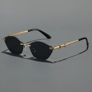 Chic rimless cat-eye sunglasses with geometric dark lenses and gold metal temples