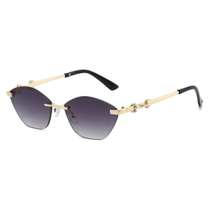 Rimless cat-eye sunglasses with purple gradient lenses and gold metal chain temples