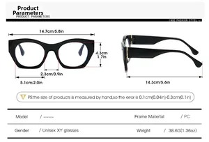 Detailed size chart for retro cat-eye glasses frame with precise dimensions in cm and inches