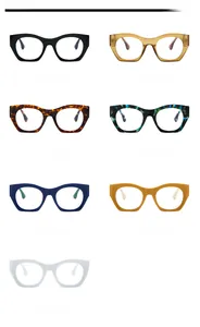 Detailed grid showing seven stylish cat eye eyeglass frames in various vibrant colors