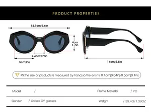 Detaillierte Größentabelle für trendige Cat-Eye-Sonnenbrillen mit Maßen in cm und Zoll