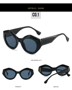 Drei Ansichten der schwarzen Polygon-Cat-Eye-Sonnenbrille mit blau-grauen Gläsern