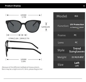 Size chart showing 145mm width and dimensions for round vintage UV400 sunglasses