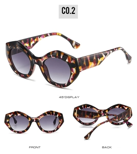 Drei-Ansichten-Display der geometrischen Cat-Eye-Sonnenbrille mit bunter Schildpatt-Struktur