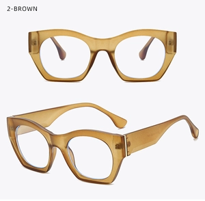 Close-up of translucent brown cat-eye frame glasses showing front and side view details