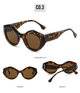 Schildpatt-Katzenaugen-Sonnenbrille Details in 45-Grad-, Vorder- und Rückansicht