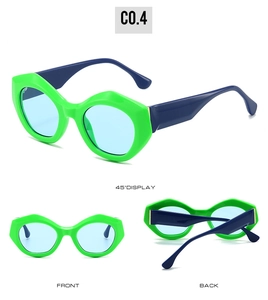 Dreifachansicht der neongrünen Katzenaugen-Sonnenbrille mit blauen Bügeln und Gläsern