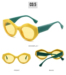 Detailansichten der geometrischen Cat-Eye-Sonnenbrille mit gelbem Rahmen und grünen Bügeln