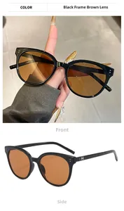 Detail of vintage round sunglasses showing black frame brown lens and metal dot hinges