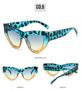 Vue triple des lunettes œil de chat avec monture léopard bleu et verres dégradés
