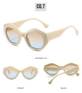 Mehrwinkel-Ansicht beige geometrische Cat-Eye-Sonnenbrille mit blau-orangen Verlaufsgläsern