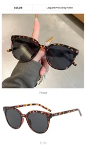 Detail view of round leopard print sunglasses with gray lenses and metallic temple logos