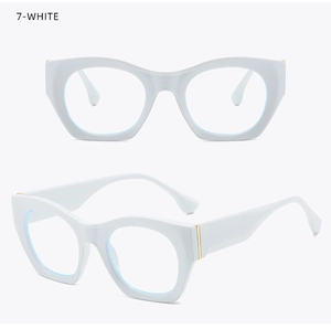 Detail of white chunky cat-eye glasses frame featuring elegant gold metal hinge accents