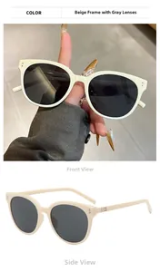 Detail view of beige oval sunglasses with dark gray lenses and silver metal logo on temples