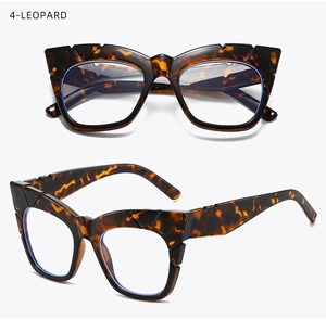 Détail de lunettes œil-de-chat avec motif léopard et bords à découpes géométriques