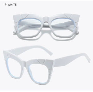 Détail de la monture œil-de-chat blanche avec textures de coupe géométriques chic