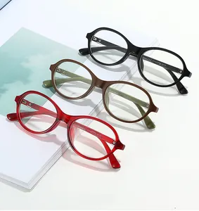 Three colors of retro TR90 eyeglasses frames stacked on a white background with a magazine