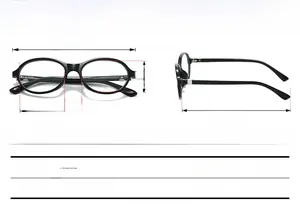 Detailed size chart for TR90 oval glasses frame with dimensions and 17.8g lightweight info