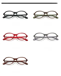 Flat lay of TR90 nerd style round blue light glasses in black, coffee, red, gray and brown