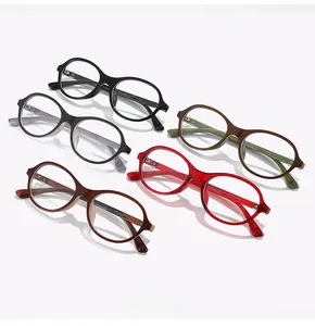 Close-up of lightweight TR90 round frame glasses in multiple vintage colors for women