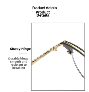 Detail of durable gold metal hinge on retro half-frame TR90 business eyeglasses