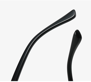 Detail of TR90 glasses temple tips in glossy black finish with smooth polished surface