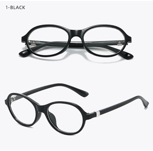Detail view of black TR90 round frame glasses showing frontal and side 45-degree angles