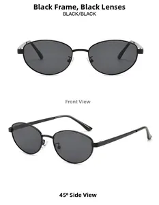 Vista frontal y lateral de gafas de sol ovaladas vintage con montura de metal negro