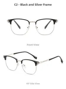 Front and 45-degree angle detail of black and silver retro clubmaster TR90 glasses frames